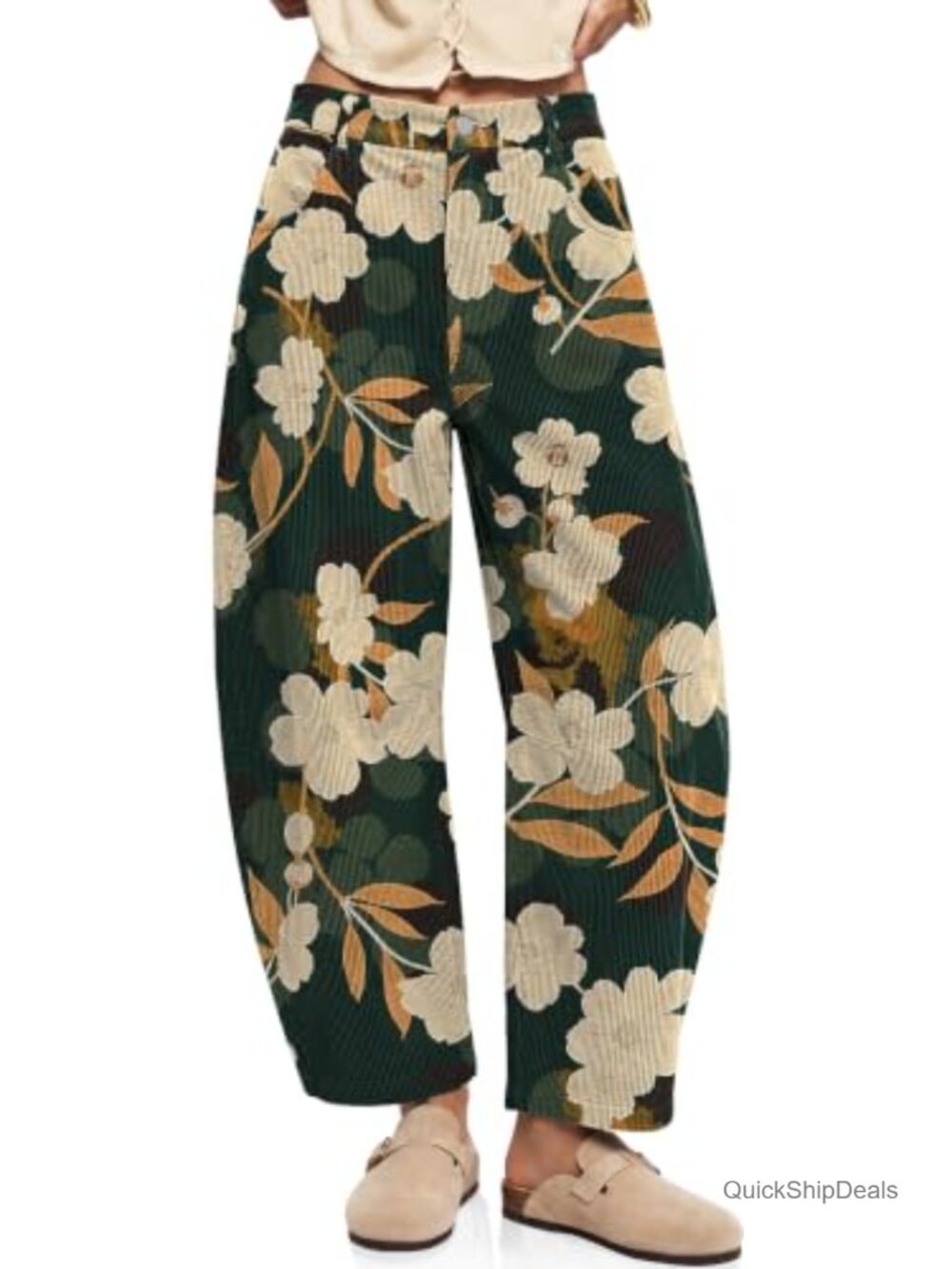 Barrel Corduroy Wide Leg Pants Elastic Waist Tapered Trousers